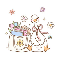 Draw cute silly goose with bookish bag Pastel flower books Trendy animal Doodle cartoon style © anchalee