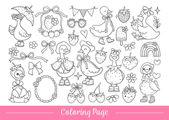Draw vector illustration coloring page strawberry goose Tready animal Activity classroom Doodle cartoon style