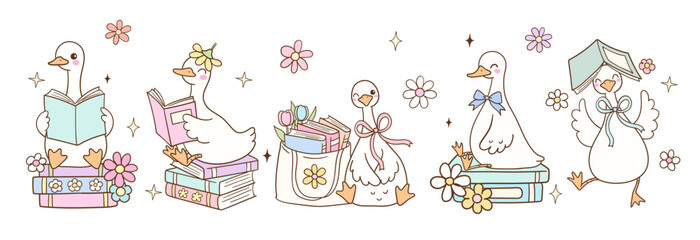 Draw vector banner illustration goose reading Pastel flower bookish Trendy animal Doodle cartoon style