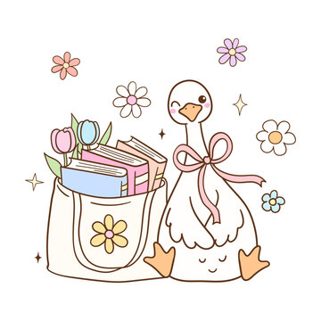 Draw cute silly goose with bookish bag Pastel flower books Trendy animal Doodle cartoon style