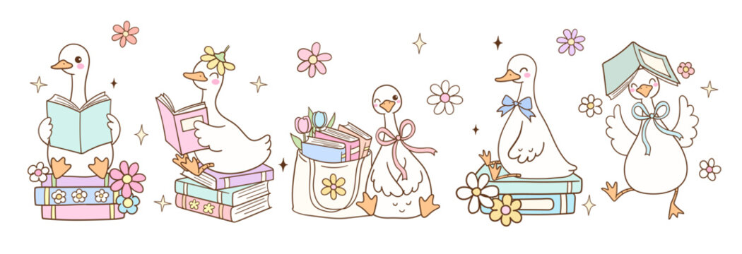 Draw vector banner illustration goose reading Pastel flower bookish Trendy animal Doodle cartoon style