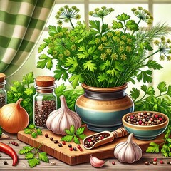 parsley and dill. fresh herbs on the table