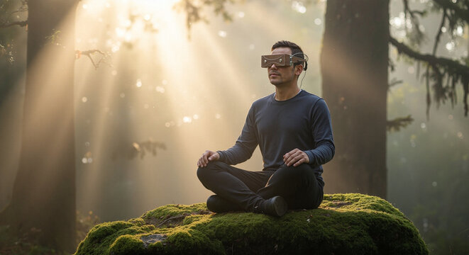 Asian man meditating cross-legged on mossy rock in forest with VR headset   - Powered by Adobe