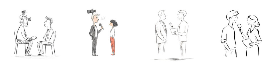 Interview Sketch Collection: Journalists with Microphones on White