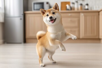 Shiba Inu standing at fridge in modern kitchen
