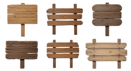 Six wooden signboards on white background