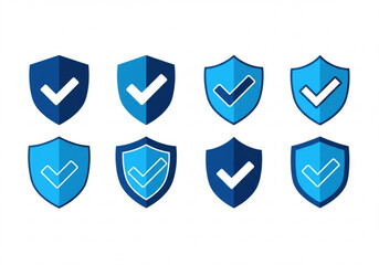 Collection of eight blue shields with white checkmarks indicating security and approval