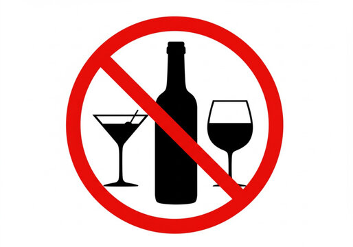 No alcohol allowed sign with bottle and glasses on white background
