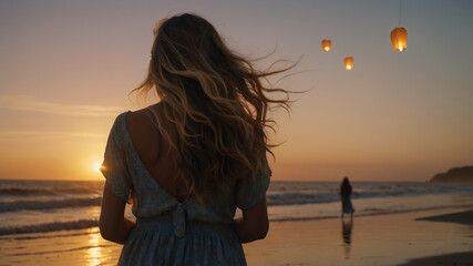 Woman on beach at sunset with sky lanterns and another person walking in the distance by the ocean...
