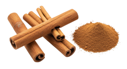 Cinnamon sticks and ground cinnamon powder isolated PNG with Transparent Background