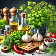 parsley and dill. fresh herbs on the table