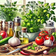 parsley and dill. fresh herbs on the table