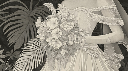 Bride holding bouquet of flowers in vintage black and white style  