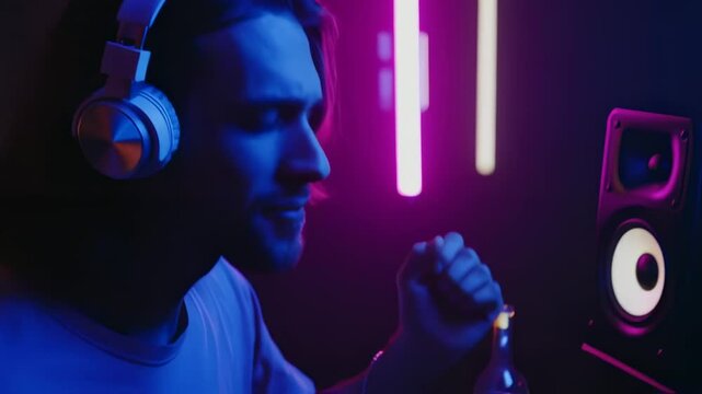 Energetic dj immersed in music with neon lights and headphones in nightclub vibe