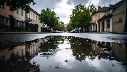 Obraz premium Rain-filled street puddle reflecting buildings