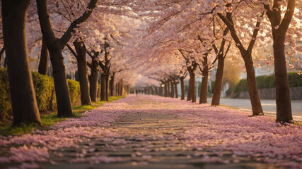 A pathway lined with cherry blossom trees in full bloom creating a tunnel of pink flowers