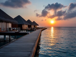 Obraz premium Illuminated overwater bungalows create a magical scene during a vibrant sunset in the maldives, offering a luxurious and tranquil escape