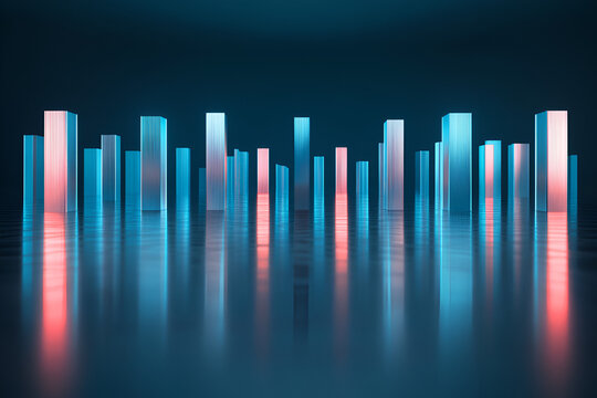 Glowing blue and red metallic columns create an abstract, futuristic skyline on a reflective surface. - Powered by Adobe