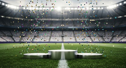 A shiny silver podium stands on a green sports field under confetti in a stadium with bright lights.