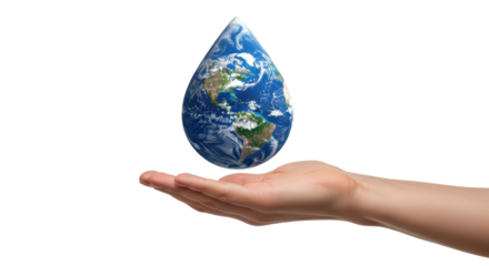 Hand holding a water drop shaped like Earth on white background