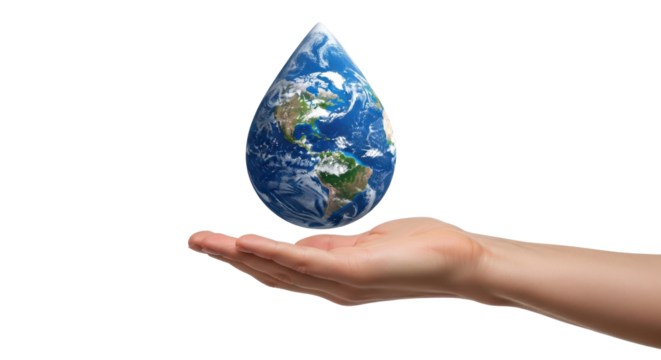 Hand holding a water drop shaped like Earth on white background