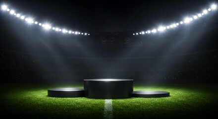 Empty victory podium illuminated on a dark stadium field.