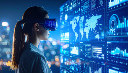 Woman Immersed in Virtual Reality Navigating Global Data Streams Through Advanced Technology
