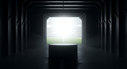 Dark tunnel leading to brightly lit stadium, showcasing a cylindrical platform in the foreground.