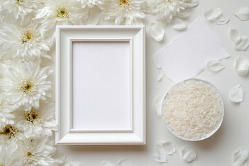 Japanese Obon tribute featuring a white frame, white chrysanthemums, a bowl of rice, and flower petals symbolizing remembrance and ancestral offerings