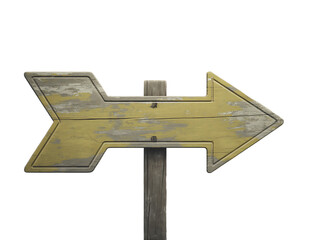 Weathered directional sign points to the right, featuring a distressed wooden texture against a transparent backdrop.