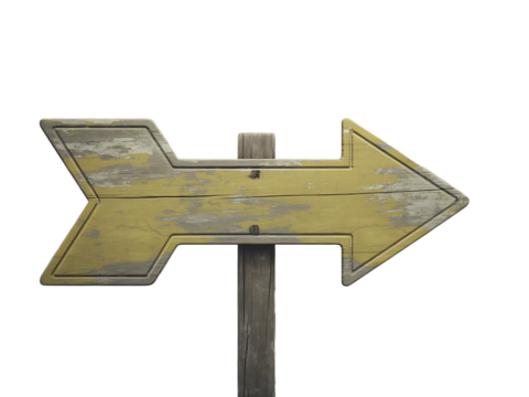 Weathered directional sign points to the right, featuring a distressed wooden texture against a transparent backdrop.