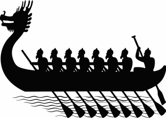 Dragon Boat Rowing Team Silhouette on Water