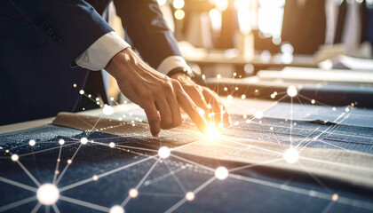 Crafting the Future Man's Hands on Fabric with Technology Overlay, a Fusion of Tradition and Innovation