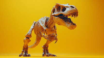 A detailed view of a dinosaur skeleton posed dramatically against a vibrant yellow background
