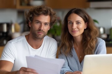 Caucasian young adult couple working together on laptop at home