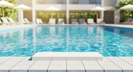 Empty white platform in a hotel swimming pool area, sunny day.