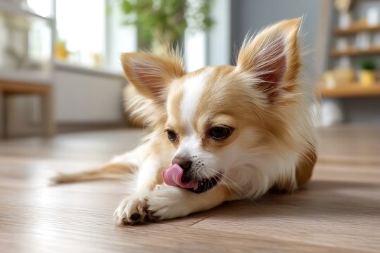Chihuahua licking paw on wooden floor indoors
