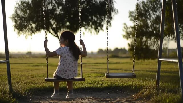 A young girl enjoys swinging alone on a playground swing set in a sunny outdoor park