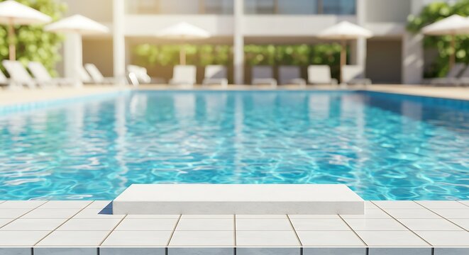 Empty white platform in a hotel swimming pool area, sunny day.