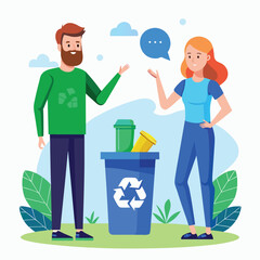 People discussing recycling near bin woman