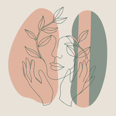Abstract Line Art Face with Botanical Elements in Minimal Style