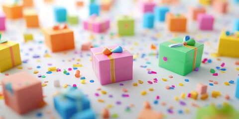 Colorful gift boxes and confetti on white surface