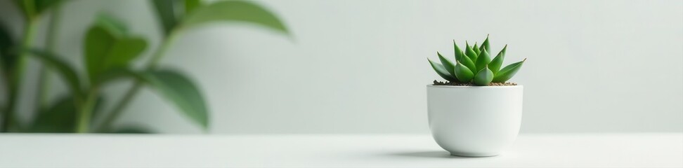 Fototapeta premium Single green succulent in a small white pot on a minimalist table , pot, succulent, leaf