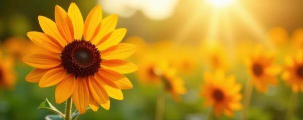 Fototapeta premium Single orange sunflower, soft focus background, wildflower, floral, soft
