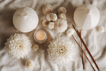 Obon memorial arrangement with white chrysanthemums, paper lanterns, incense sticks, and a lit candle on soft fabric background symbolizing peace and remembrance