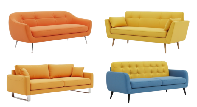 Four colorful sofas isolated on white background