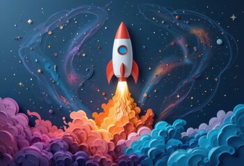  Whimsical Spaceflight Papercut Rocket Soaring Through a Galaxy of Swirling Colors, Leaving a White Trail on a Starry, Dark Blue
