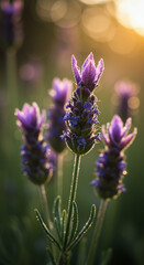 Fototapeta premium Close-up of Lavender Flowers in the Golden Sunset Light, Captured with Soft Focus