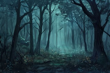 Fog is rising in a dark forest with flying birds and a small stream at night