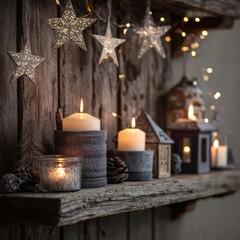 Cozy Holiday Display with Candles and Decorative Stars on Shelf
